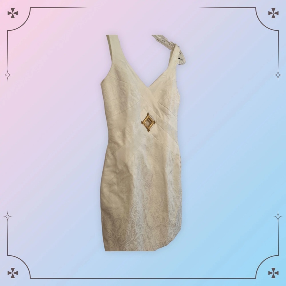Vintage 90s Dress Sheath Linda Segal Cream Jaquard Matte Gold Keyhole Bust 4-6 - Picture 5 of 7